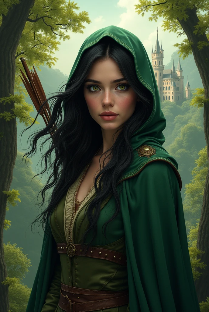 Extremely perfect and beautiful woman in the Victorian era of Apache and English descent with perfect green eyes and large eyelashes of a perfect cinnamon color., Black hair like the night dressed as Robin Hood with her cape that shows strength and delicacy at the same time carrying her bow and arrow. I want a mix of the forest and the castle of Monaco in the background.