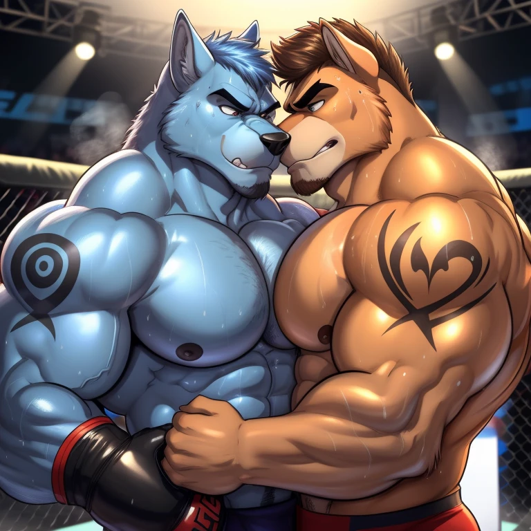 Duo male(Brown Dog vs Gray wolf), handsomes(handsome hairstyle, Thick eyebrows, detailed face), gay(cuddling embraced, body with body, face to face, pulled against the ropes, on a ring), hot(Shirtless), handsomes(They are handsomes, correct anatomy), musculosos(Big muscle bodies, Six packs, muscle abs, big pecs), sweaty(very sweaty wet bodies, shiny sweat), tatuajes(they have tattoos), grumpy(Both have an grumpy expression, grumpy teeths, steaming breath), UFC gloves(They both are wearing UFC gloves), Hight resolution, by(Zourik:1.1)