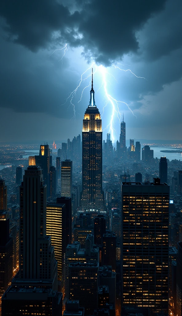 Describe a view of New York City at night with lightning flashing across the skyscrapers., with a dramatic backdrop.