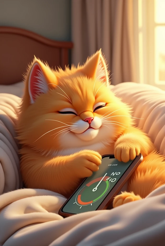 The orange chubby cat lies in a cozy bedroom, nestled on a soft blanket. With sleepy eyes, it lazily stretches out a fluffy paw. The alarm on the phone is ringing, and the cat taps the screen with its paw, trying to turn it off