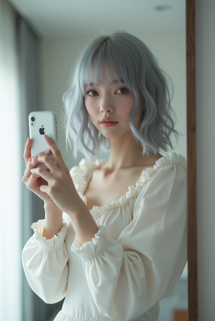 highly detailed, beautiful, hyper Realistic girl, masterpiece, best quality, Japanese gravure woman, 28-years-old, identity hidden, all body shot, /// gray arranged hair, light color eyes, Realistic skin, Detailed face, /// wearing a Pierrot costume, white theme, /// Monotone simple modern taste single room, mirror, complicated background /// takes a selfie in her room using a smartphone in front of a mirror with one hand, fashion model Posing, standing, looking away from the camera,