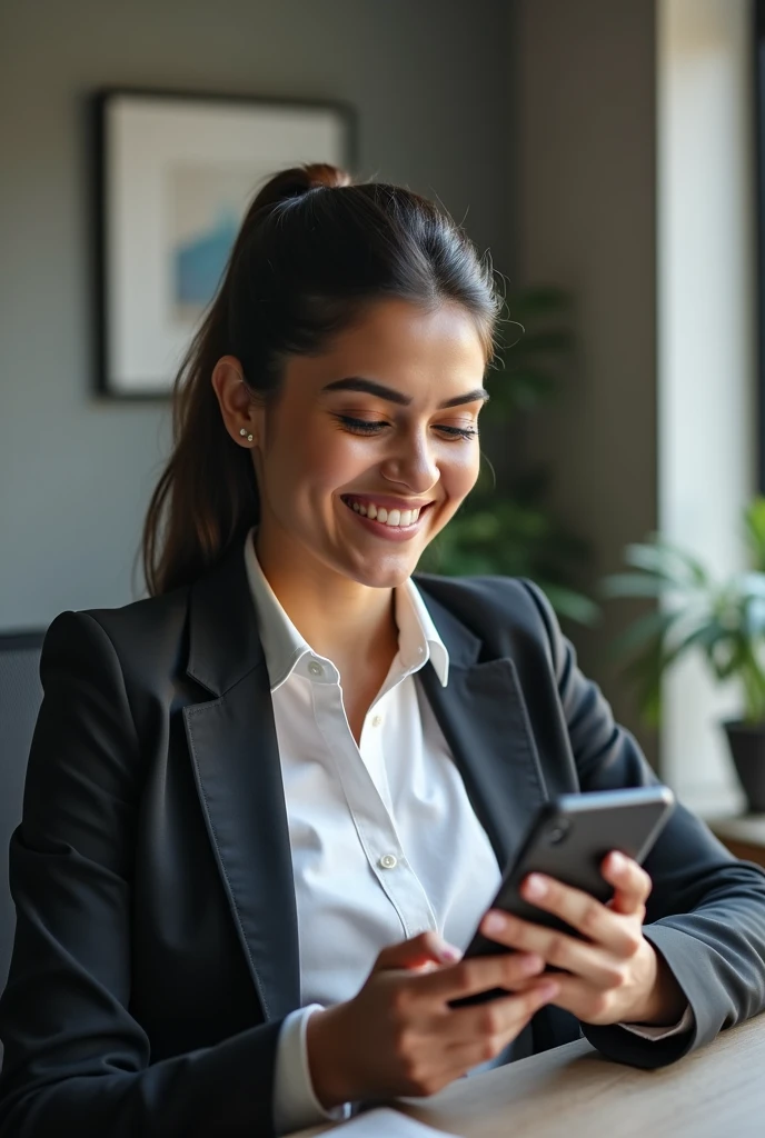 Bangladeshi corporate Lady Hr happily sitting with a phone. She is sitting in the right side of the image. Make it in 1080×1080