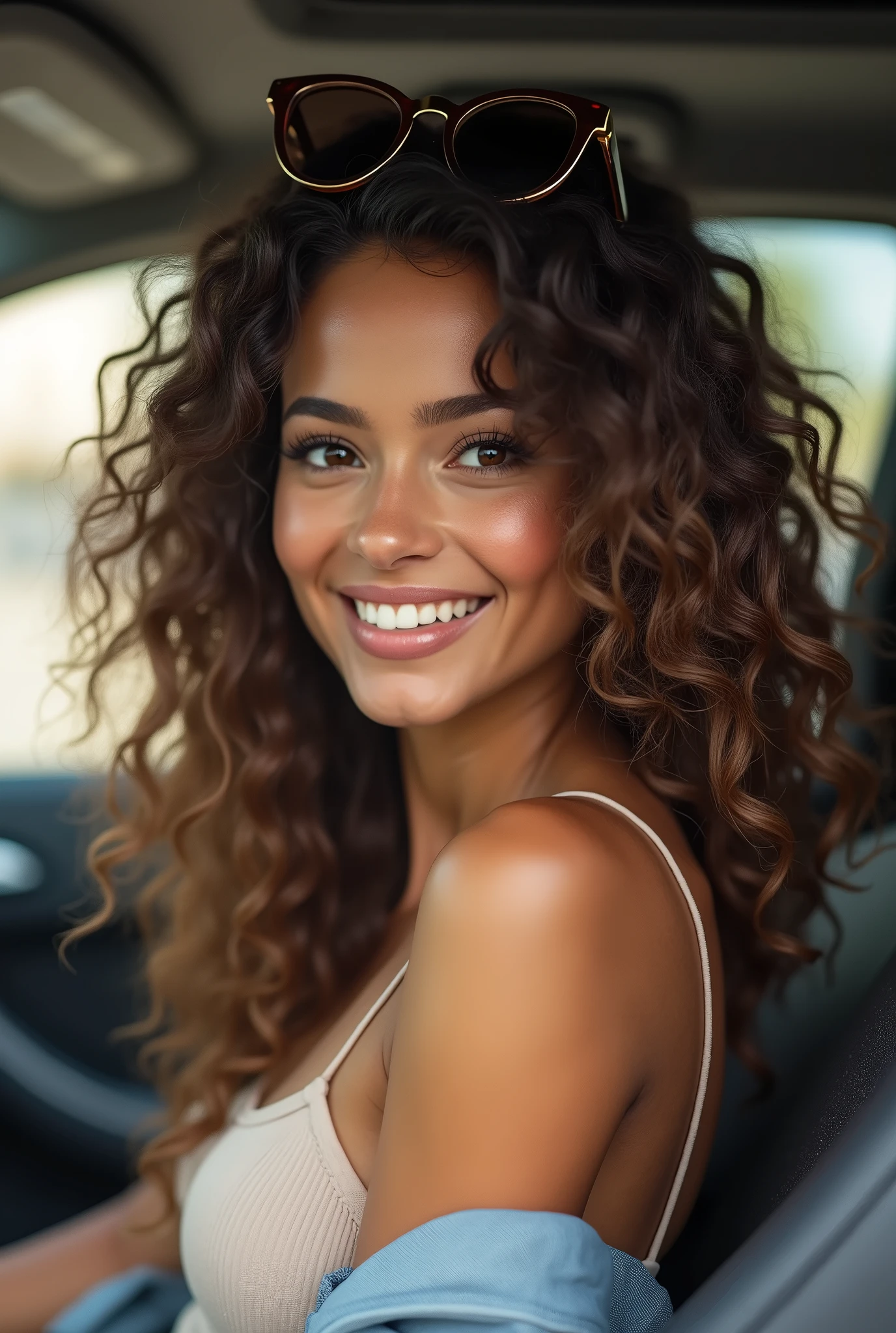 (photorealism:1.2), beautiful woman, fair skin, long curly hair, smiling, sassy, ready to go shopping in car, relaxed pose, extremely realistic, intricate details. Sunglasses,