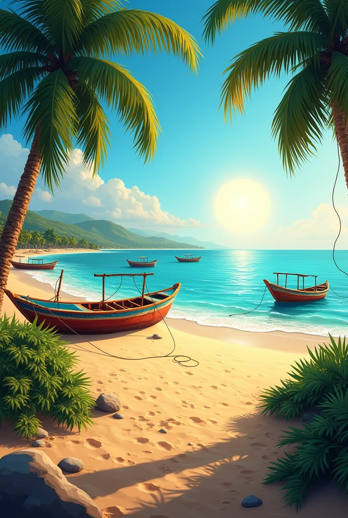 A very beautiful sea beach in india include some boat.A sun must be there