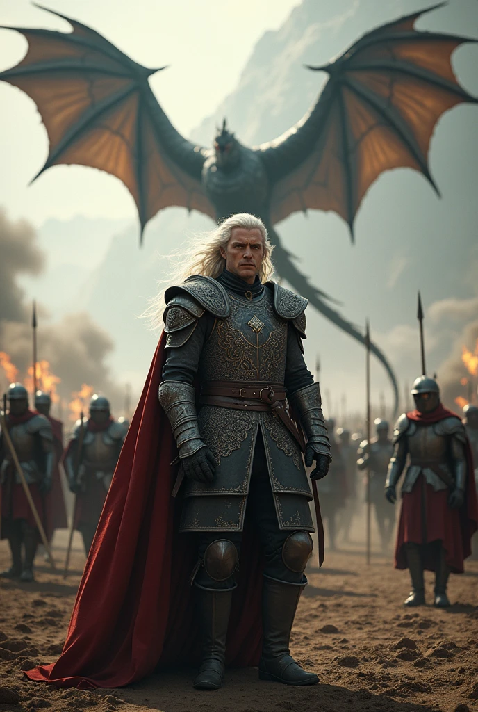 Create a detailed image of Aegon Targaryen on the battlefield with his dragon in the sky