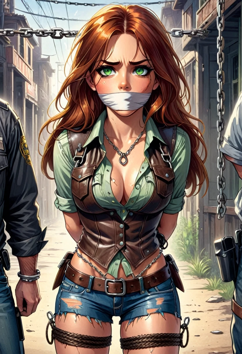 1girl, cowgirl, long auburn hair, green eyes, torn and damaged shirt, leather vest, torn jean shorts, shorts unbuttoned, visible torn underwear, holster, arms behind back, scared, beautiful, cleavage visible, chains, handcuffs, bound, under arrest, ropes, shibari over clothes, otm gag, portrait, graphic novels illustration, masterpiece, highly detailed, 