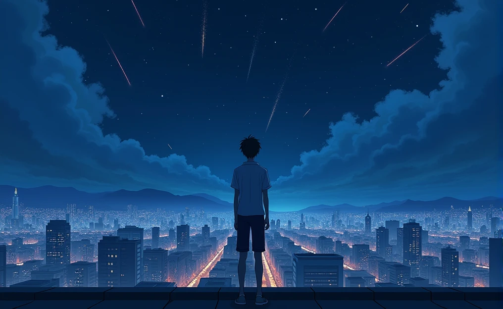 The image shows a night scene of an illuminated city, View from a Japanese rooftop . The buildings are covered in warm, glowing lights, while in heaven, full of dark clouds, Bright streaks of light that appear to be meteors or fireworks are seen crossing the sky. Spotlight, a human figure of a young man is standing with his back turned, looking towards the city and the celestial spectacle, which adds a sense of contemplation and wonder. The predominantly blue color palette creates a serene and somewhat melancholic atmosphere..