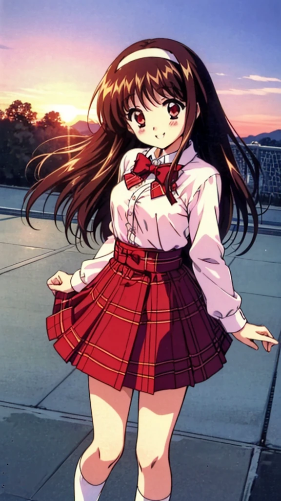 Yuki Mizuho, one person, a woman, college age, (hair length above waist), ((hair band,white)) , Brown Hair, Red eyes, Red eyes, (shirt formal,white), ((a bow tie, Blue)) , Plaid skirt, (socks, white), shoes, retro artstyle, ((skirt masterpiece, red)), 1990s (style), expensive quality, very_expensive_solve, big_file size, Full Color, blush, Cute Smile Open your mouth, Are standing,(Winter Night、With the sunset and the fence behind、Receiving a confession on the school rooftop。I got closest to that smile:1.1), (Place your hands on your chest:1.3), Two Arms, (cinematic angle:1.1),