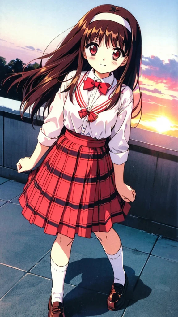 Yuki Mizuho, one person, a woman, college age, (hair length above waist), ((hair band,white)) , Brown Hair, Red eyes, Red eyes, (shirt formal,white), ((a bow tie, Blue)) , Plaid skirt, (socks, white), shoes, retro artstyle, ((skirt masterpiece, red)), 1990s (style), expensive quality, very_expensive_solve, big_file size, Full Color, blush, Cute Smile Open your mouth, Are standing,(Winter Night、With the sunset and the fence behind、Receiving a confession on the school rooftop。I got closest to that smile:1.1), (Place your hands on your chest:1.3), Two Arms, (cinematic angle:1.1),