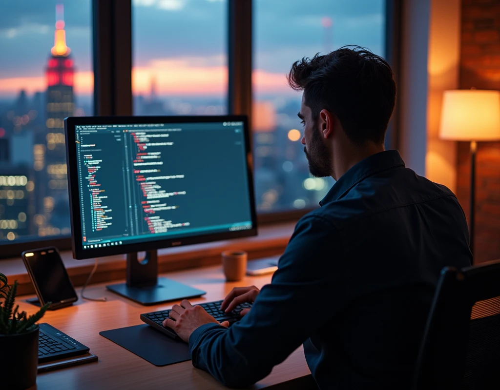 detailed close-up view from behind of a web designer working on a computer, 1 person, sitting at desk, typing on keyboard, programming code on computer screen, desk with modern office supplies, large windows overlooking cityscape, warm lighting, vibrant colors, photorealistic, cinematic composition, (best quality,8k,highres,masterpiece:1.2),ultra-detailed,(realistic,photorealistic,photo-realistic:1.37),professional photography,concept art style