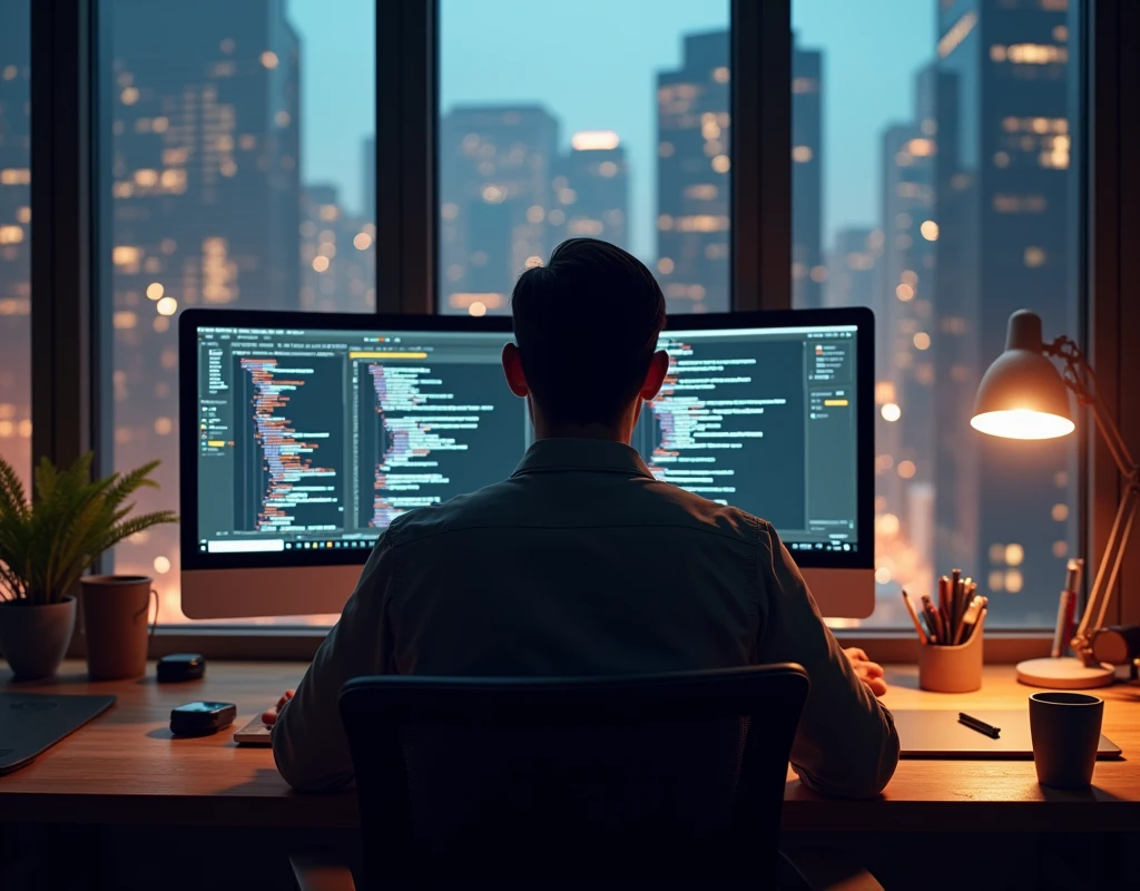 detailed close-up view from behind of a web designer working on a computer, 1 person, sitting at desk, typing on keyboard, programming code on computer screen, desk with modern office supplies, large windows overlooking cityscape, warm lighting, vibrant colors, photorealistic, cinematic composition, (best quality,8k,highres,masterpiece:1.2),ultra-detailed,(realistic,photorealistic,photo-realistic:1.37),professional photography,concept art style