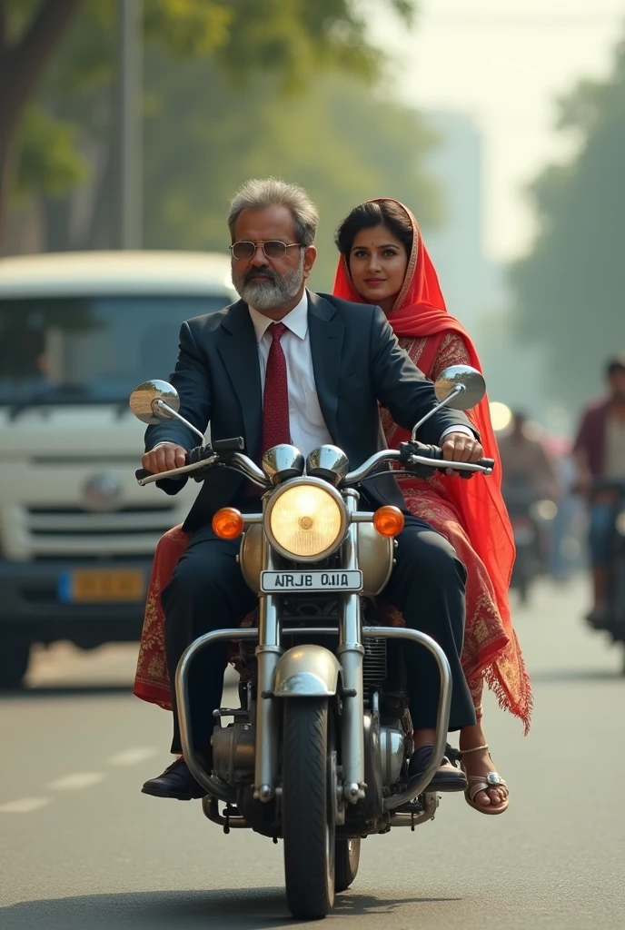 Pakistani  office husband and female school teacher on the bike on road