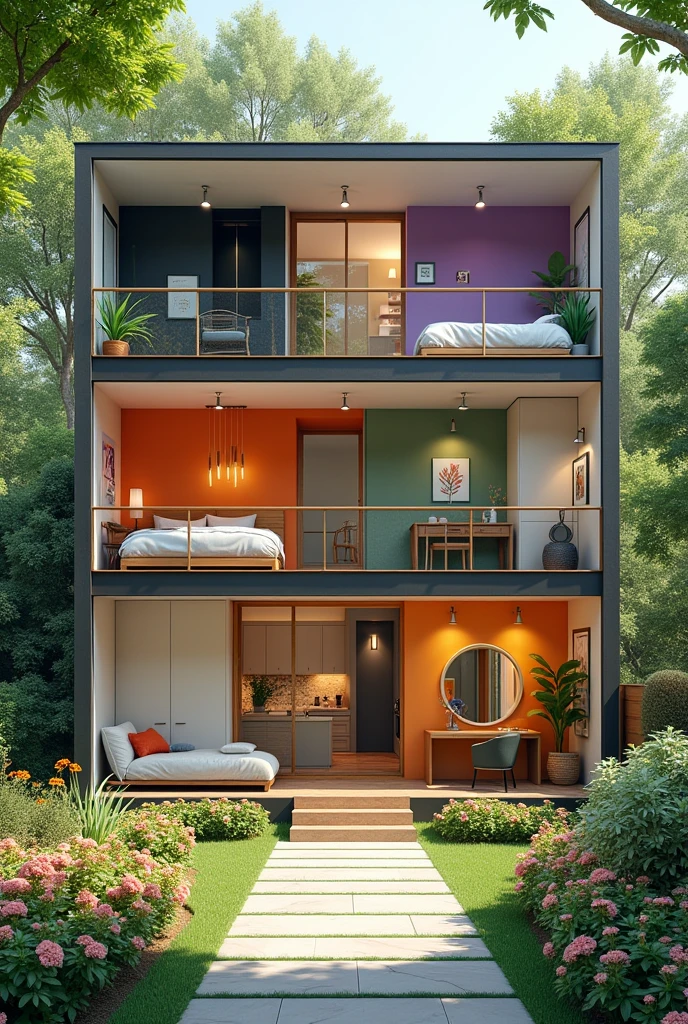 Our ideal home should have a large green patio with lots of flowers, inside by the stairs, In the living room you should have a white coffee table and the sofas we would like to be grey and black, In the kitchen we want white walls and the stove should also be grey., Then in the study we also want the white color on the walls and the desk should be brown with a black chair.

Now going up the stairs you should have 5 bedrooms, Four for the house population and one more for visitors., Each bedroom you are designing for each person who lives here, One bedroom has black walls and lots of paintings, He has a big desk with lots of drawings on it., another bedroom has purple walls, It also has a large desk and lots of whiteboards on the walls., Another bedroom has orange walls and a super large mirror with lights and lots of makeup, and the fourth bedroom has slightly green walls, It has plenty of room to do lots of paintings and drawings., and the last room, she&#39;s alone, It only has one bed and that&#39;s it