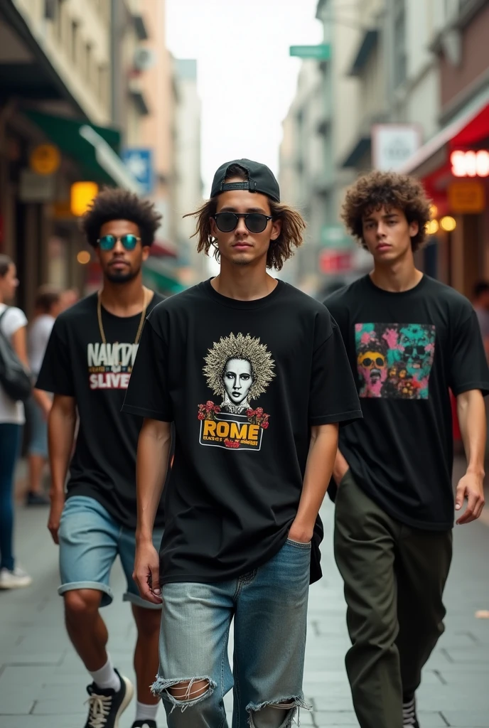 People on the street wearing skater clothes/ trap ( black shirts)