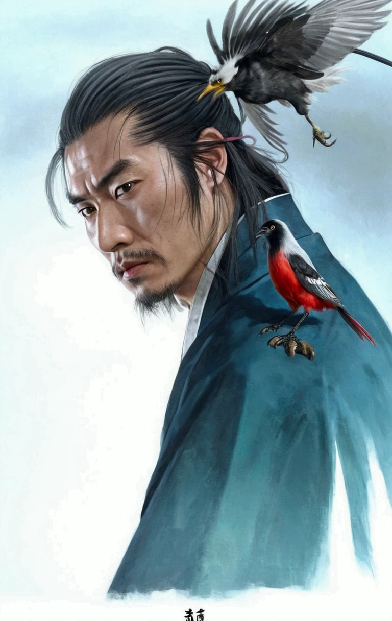 1man,long hair,black hair,japanese man,samurai clothes,1 bird,ultra realistic,ultra graphic,realism