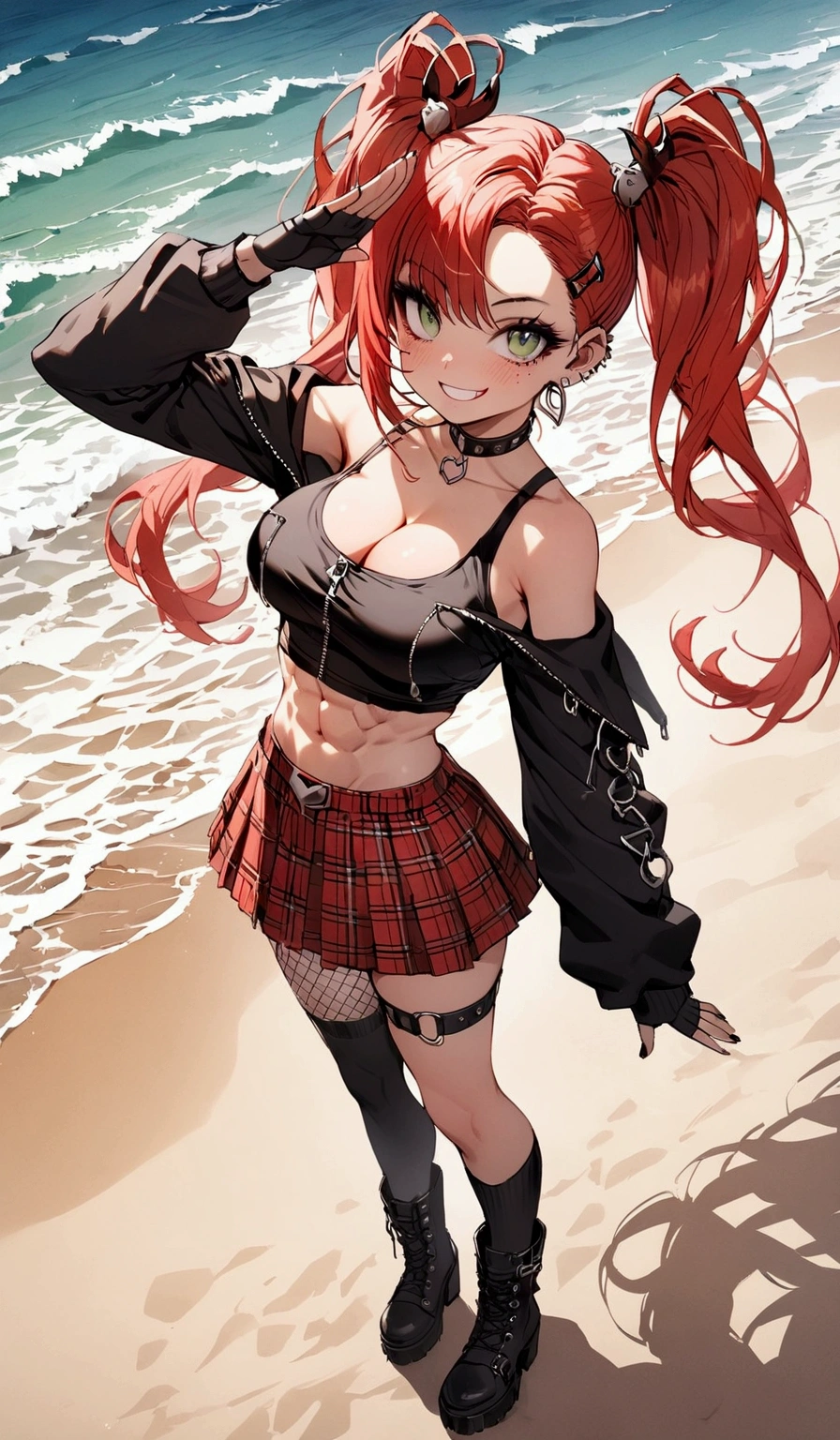 woman, grin, curly red hair in pig tails, green eyes, black eyeshadow, wearing crop top black shirt, black oversized zip up hoodie, red plaid skirt, black knee high boots, black fingerless gloves, exposed shoulders, large breasts, freckles, abs, cleavage, looking up at viewer, masterpiece, best quality, Holo-Punk Style, saluting, at the beach, make up, eyelashes, fish net undershirt, fish net stockings, (full body)
