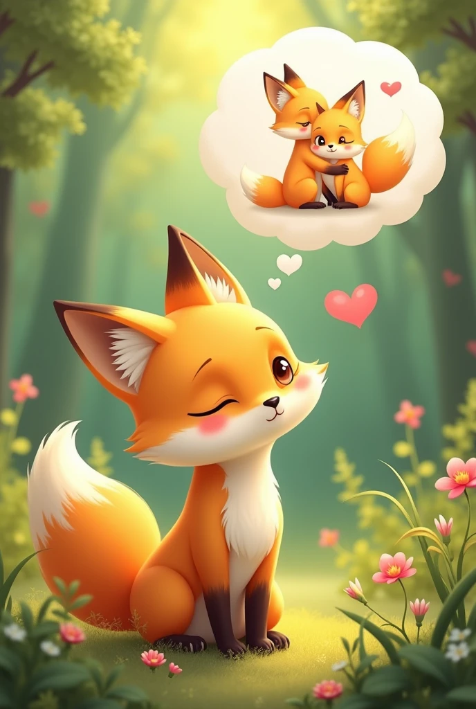 Realistic and cute,A yellow female fox who longs for love,Stand up,Speech bubble above head,A picture of fox love appears in the bubbles,Cute realistic style,Surrounded by love,Background forest garden