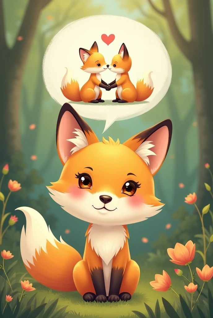 Realistic and cute,A yellow female fox who longs for love,Stand up,Speech bubble above head,A picture of fox love appears in the bubbles,Cute realistic style,Surrounded by love,Background forest garden