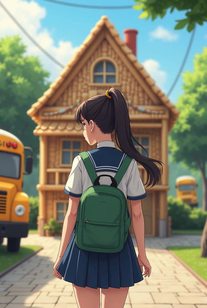 High school girl in uniform and hair in ponytail with a house made of toothpicks getting on the bus