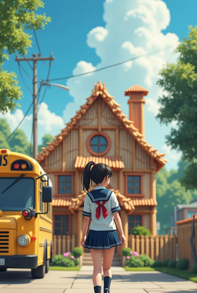 High school girl in uniform and hair in ponytail with a house made of toothpicks getting on the bus