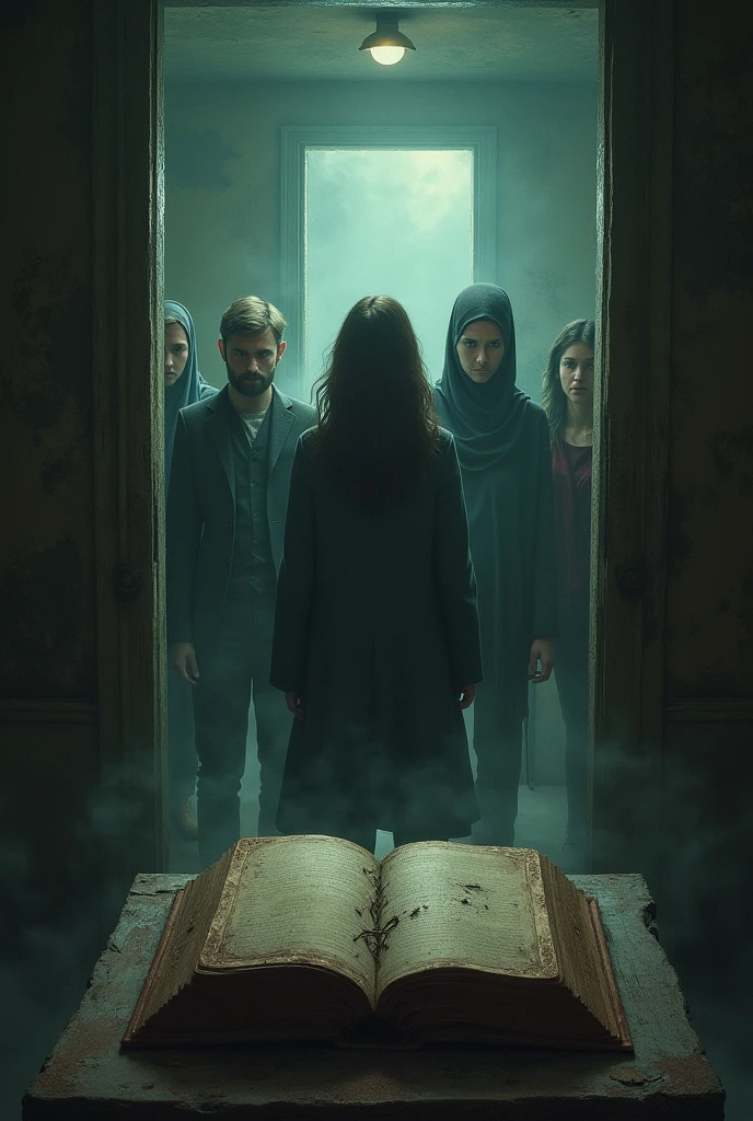 A haunting scene of the group repeatedly finding themselves back in the same eerie room with the old table and book, despite taking different paths, adding to the suspense


