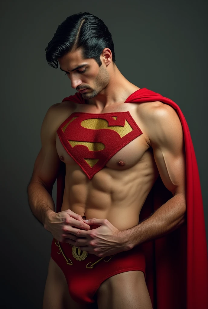 Create an image of a naked Superman touching his penis