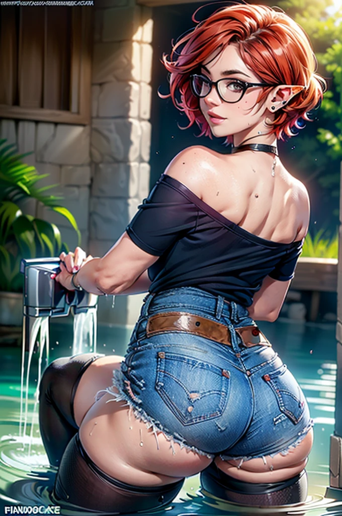 (large breasts 1.4), beautiful elf woman, ((Short Red Hair: 1.6, straight with shine)), bright blue eyes, bright eyes, double eyelids, light effect on eyes, detailed irises, sexy, curvy body, glasses,(( off the shoulder black tee shirt no logo or words: 1.6, choker, tiny denim shorts, black high heels, legs exposed,)) ((micro denim shorts, edgy sexy, Beautiful and cool, shorts)), ((work of art, hyper-realistic, hyper detailed, Best quality, 16k, light and shadow on skin, vivid colors), eyeliner, Thin eyebrows, Sensual expression, perfect lips, sexy mature face, ((skin with light and shadow) flirting seductively with the viewer, lots of freckles, full lips, extreme blush, smile, ((kneeling in water at lake knee deep, washing hair)), daytime, noon, rays of light, masterpiece, ((Hands washing hair: 1.6, biting lower lip)) ((View from Behind)),