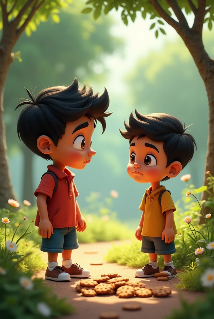 Chintu young man  says the biscuits disappeared because of magic.**
    - "Chintu, with a mischievous smile, tells Bunty that the biscuits disappeared because of magic, while Bunty listens seriously." Chintu says the biscuits disappeared because of magic.**
    - "Chintu, with a mischievous smile, tells Bunty that the biscuits disappeared because of magic, while Bunty listens seriously."in the park