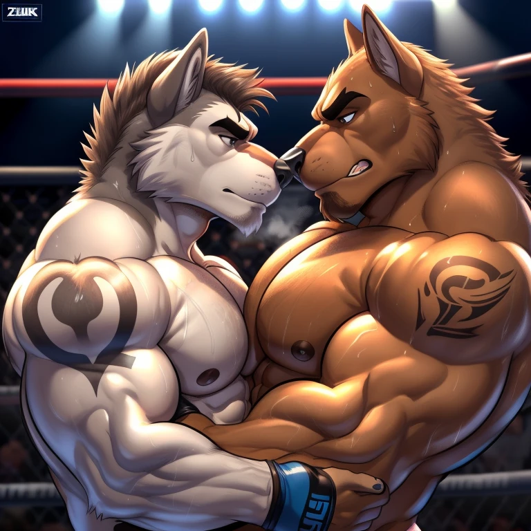 Duo male(Brown Dog vs Gray wolf), handsomes(handsome hairstyle, Thick eyebrows, detailed face), gay(cuddling embraced, body with body, face to face, on a UFC match), hot(Shirtless), handsomes(They are handsomes, correct anatomy), musculosos(Big muscle bodies, Six packs, muscle abs, big pecs), sweaty(very sweaty wet bodies, shiny sweat), tatuajes(they have tattoos), grumpy(Both have an grumpy expression, grumpy teeths, steaming breath), UFC gloves(They both are wearing UFC gloves), Hight resolution, by(Zourik:1.1)