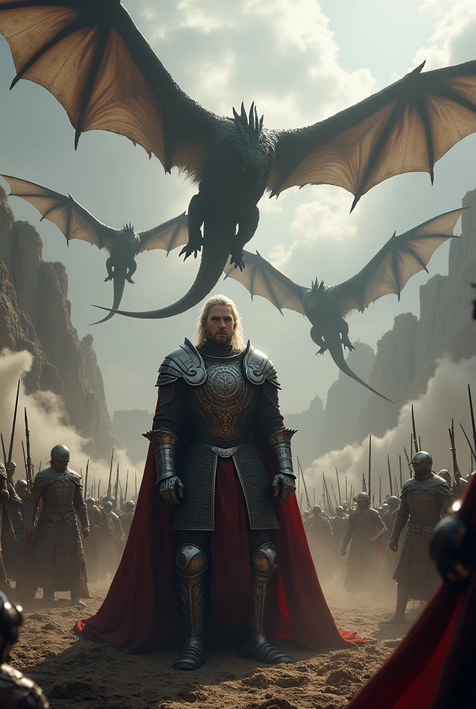 Create a detailed image of Aegon Targaryen on the battlefield with his three dragons in the sky