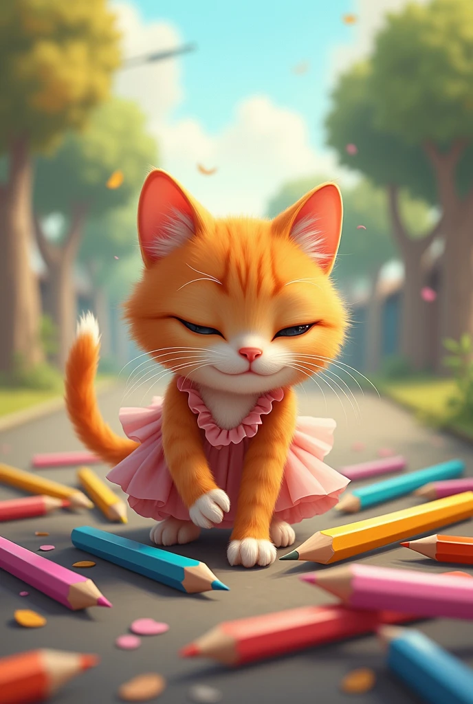 the Ginger mother cat in dress throwing the all colors pencil s boxes on the road.