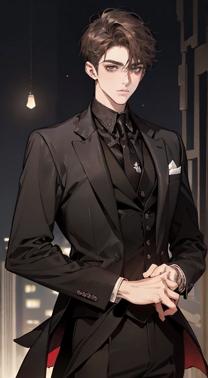 ((a young man in a black suit and tie)), taken in the early 2020s, gotham, alejandro, he looks very sophisticated, (((left side swept bang black short hair))), (dark green eyes and thick eyebrows), smirk. ((20 years old)), ((Black suite and black tie)), masterpiece, posture dynamic, one person,