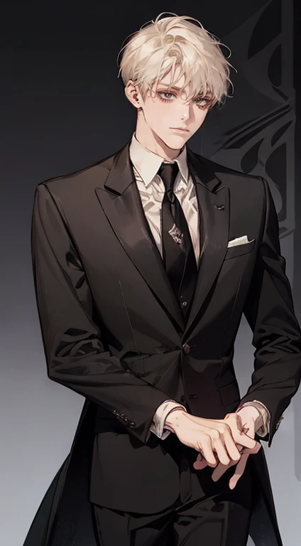 ((a young man in a black suit and tie)), taken in the early 2020s, gotham, alejandro, he looks very sophisticated, (((left side swept bang black short hair))), (dark green eyes and thick eyebrows), smirk. ((20 years old)), ((Black suite and black tie)), masterpiece, posture dynamic, one person,