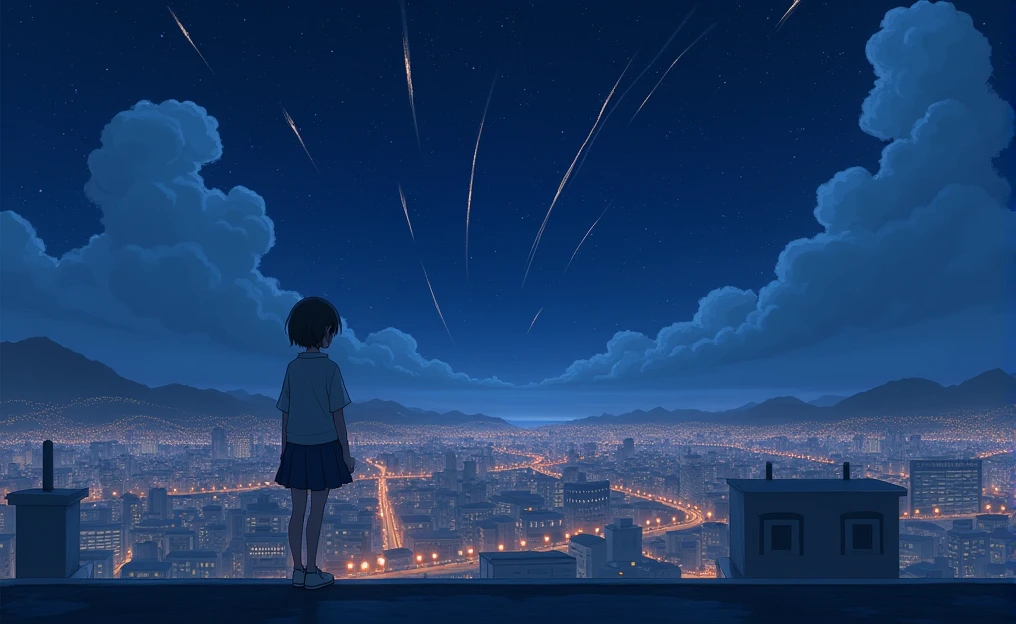 The image shows a night scene of an illuminated city, View from a Japanese rooftop . The buildings are covered in warm, glowing lights, while in heaven, full of dark clouds, Bright streaks of light that appear to be meteors or fireworks are seen crossing the sky. Spotlight, a human figure of a young girl is standing with her back turned, looking towards the city and the celestial spectacle, which adds a sense of contemplation and wonder. The predominantly blue color palette creates a serene and somewhat melancholic atmosphere..