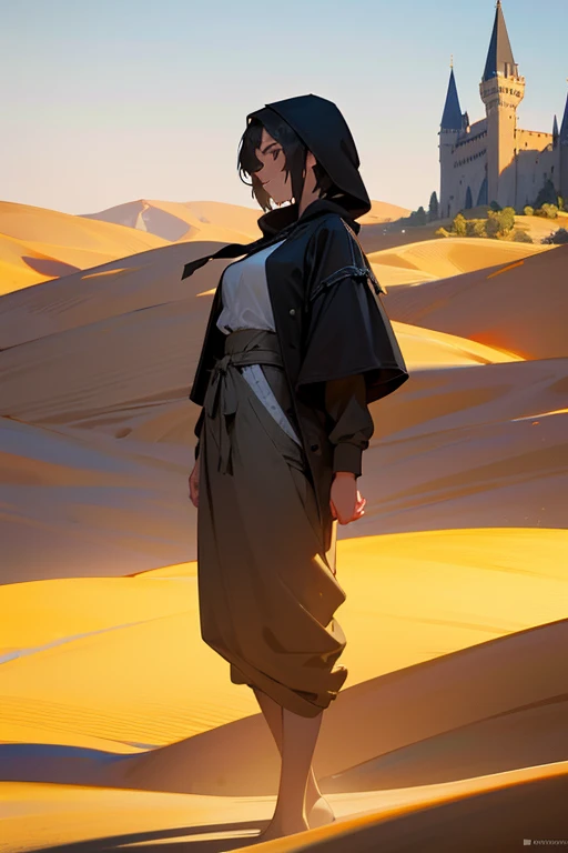 In the heart of a breathtaking landscape, a girl stands out as the most beautiful masterpiece in the world. Her figure is captured in all its Extremely intricate and realistic details, dressed in a black hoodie that contrasts sharply with a white casual shirt. The sun-kissed, short hair,full-body shot is an award-winning professional photograph, taken outdoors under the intense sunlight. desert,In the far distance, a majestic castle adds to the cinematic scene, its edges barely visible due to the artistic depth of field. The volumetric lighting of the dtx engine bathes her in a dramatic and octane render, highlighting the textures of her clothing and every contour of her body. The