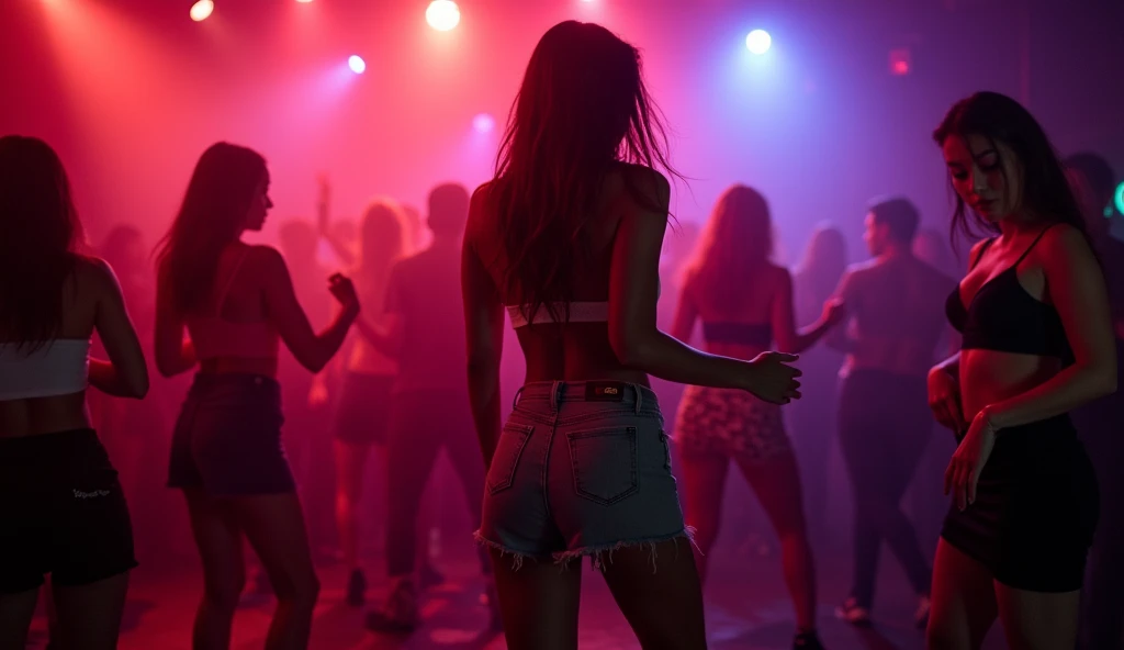 Real photo, best camera, nightclub atmosphere, One beautiful and sexy girl dancing reggaeton full body miniskirt gray
