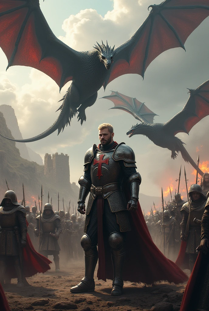Create a detailed image of Aegon Targaryen on the battlefield with his three dragons in the sky