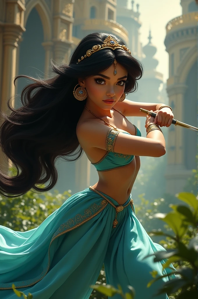Stunning Princess Jasmine, photo in 8k, in action, cinematic.