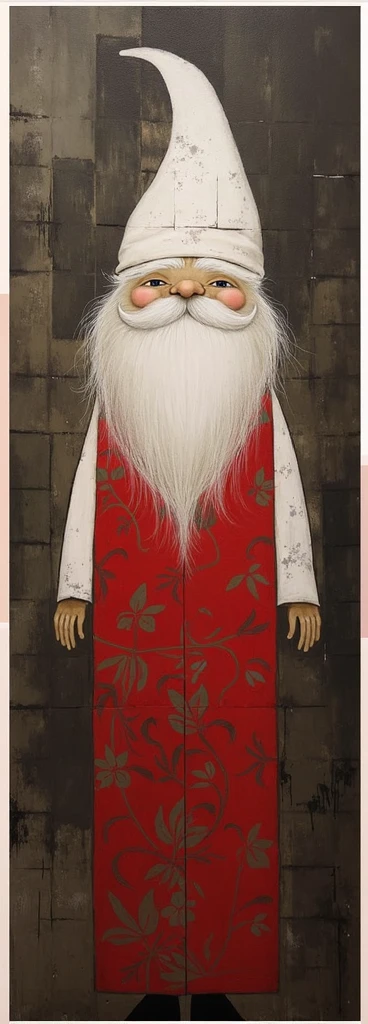 The image depicts a painting of a figure that resembles a garden gnome. The figure has an elongated, slender body with a red garment decorated with floral patterns and a tall, pointed white hat. The background consists of abstract dark and light patches, possibly suggesting a textured wall or surface. The gnome’s facial features are detailed, with rosy cheeks, a prominent white beard, and mustache that cover most of the face except for the eyes and nose. This whimsical subject matter contrasts with the abstract background, creating an interesting visual effect.