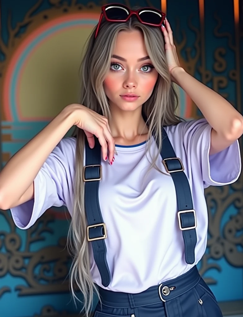 Cowgirl holding a blank banner Amish clothing shirt oversized pants Stunning eyes Stunning face Creamy hair Gorgeous hair Cowgirl outfit Stunning clothes Charming colours Amazing colors Very detailed and beautiful Sun background Sun glasses With her nerdy friend and glamorous background, amazing wallpaper, Liv Tyler, Salma Hayek, highly detailed and beautiful wallpaper, HD image - auto fonts - neon fonts,, , neon blue, neon in different colors, cyberpunk,, Colorful neon lights