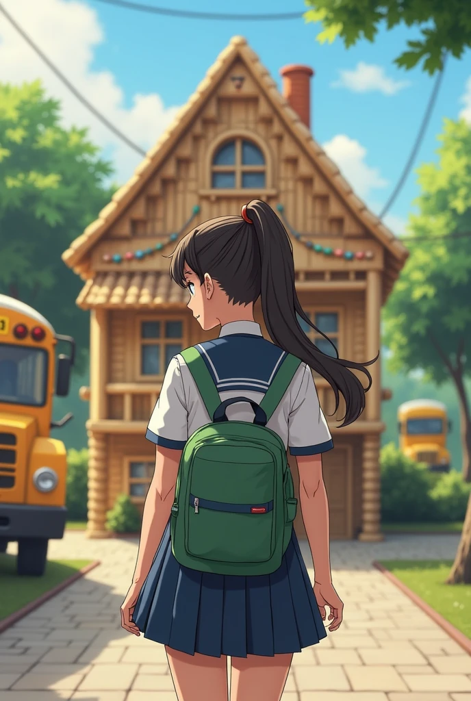 High school girl in uniform and hair in ponytail with a house made of toothpicks getting on the bus