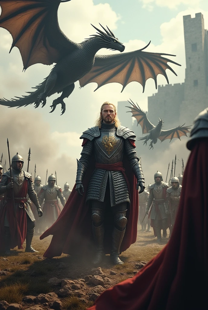 Create a detailed image of Aegon Targaryen on the battlefield with his three dragons in the sky