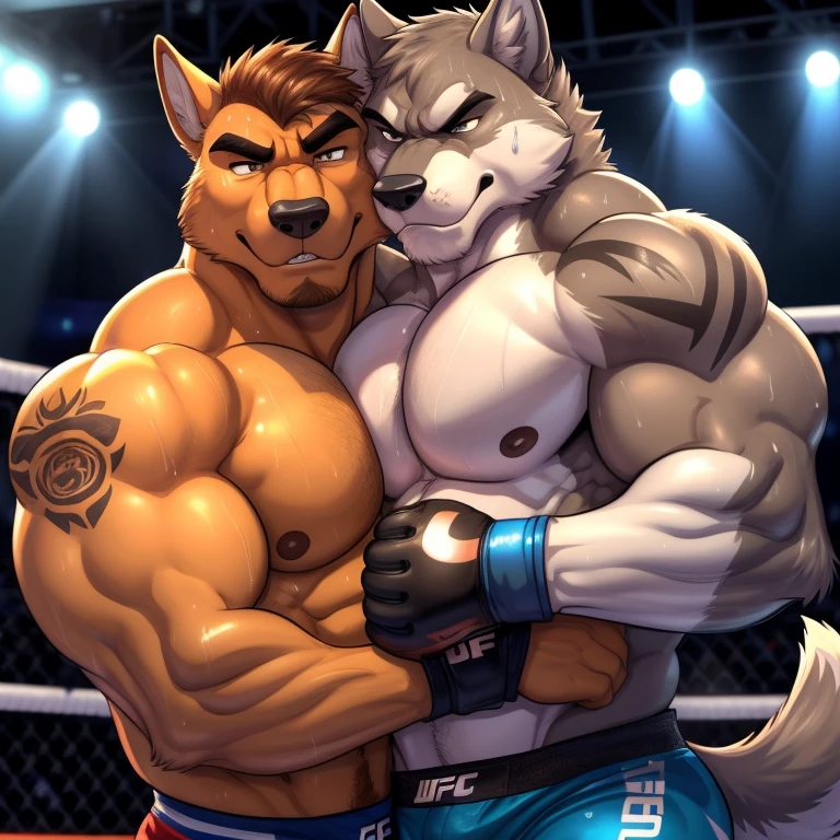Duo male(Brown Dog vs Gray wolf), handsomes(handsome hairstyle, Thick eyebrows, detailed face), gay(cuddling embraced from behind, body with body, on a UFC match), hot(Shirtless), handsomes(They are handsomes, correct anatomy), musculosos(Big muscle bodies, Six packs, muscle abs, big pecs), sweaty(very sweaty wet bodies, shiny sweat), tatuajes(they have tattoos), grumpy(Both have an grumpy expression, grumpy teeths, steaming breath), UFC gloves(They both are wearing UFC gloves), Hight resolution, by(Zourik:1.1)