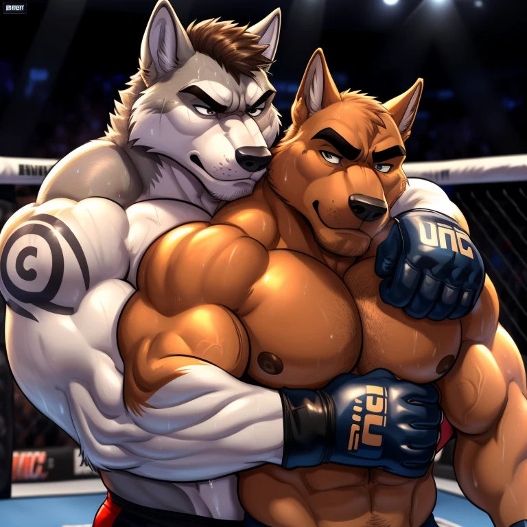 Duo male(Brown Dog vs Gray wolf), handsomes(handsome hairstyle, Thick eyebrows, detailed face), gay(cuddling embraced from behind, body with body, on a UFC match), hot(Shirtless), handsomes(They are handsomes, correct ???????), musculosos(Big muscle bodies, Six packs, muscle abs, big pecs), sweaty(very sweaty wet bodies, shiny sweat), tatuajes(they have tattoos), grumpy(Both have an grumpy expression, grumpy teeths, steaming breath), UFC gloves(They both are wearing UFC gloves), Hight resolution, by(Zourik:1.1)