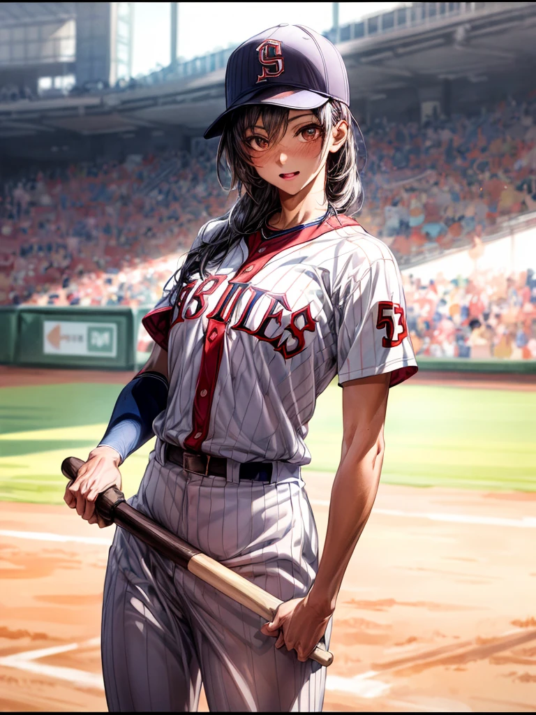 Baseball Cosplay,  court, Baseball uniforms, Expression of victory,One person, Wide-angle shot, Detailed uniform, View the viewer, Depth of written boundary,  detailed realistic background, Diffused natural light, Diffused, natural skin glow, summer