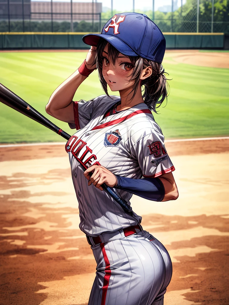 Baseball Cosplay,  court, Baseball uniforms, Expression of victory,One person, Wide-angle shot, Detailed uniform, View the viewer, Depth of written boundary,  detailed realistic background, Diffused natural light, Diffused, natural skin glow, summer