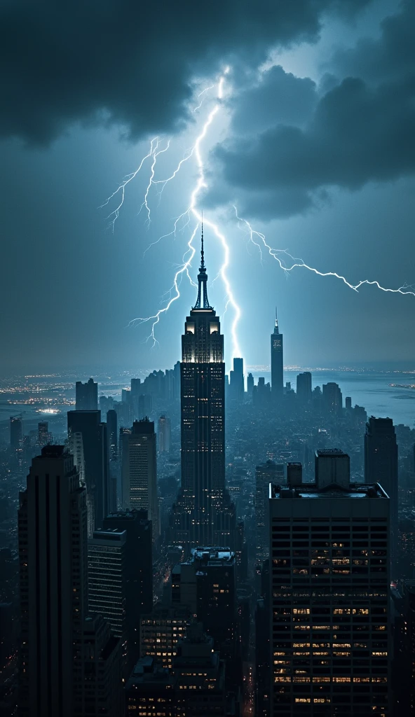 Picture New York City with lightning bolts striking amidst the skyscrapers., with a dramatic backdrop.