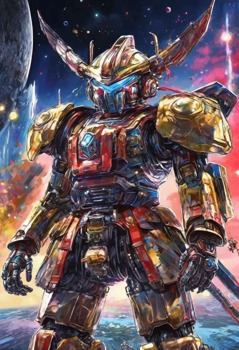 A giant robot (samurai theming, head has helmet styling and a large bubble dome cockpit), lunar surface, stars in back ground, action pose, shooting a rocket fist at viewer connected to mech via chain