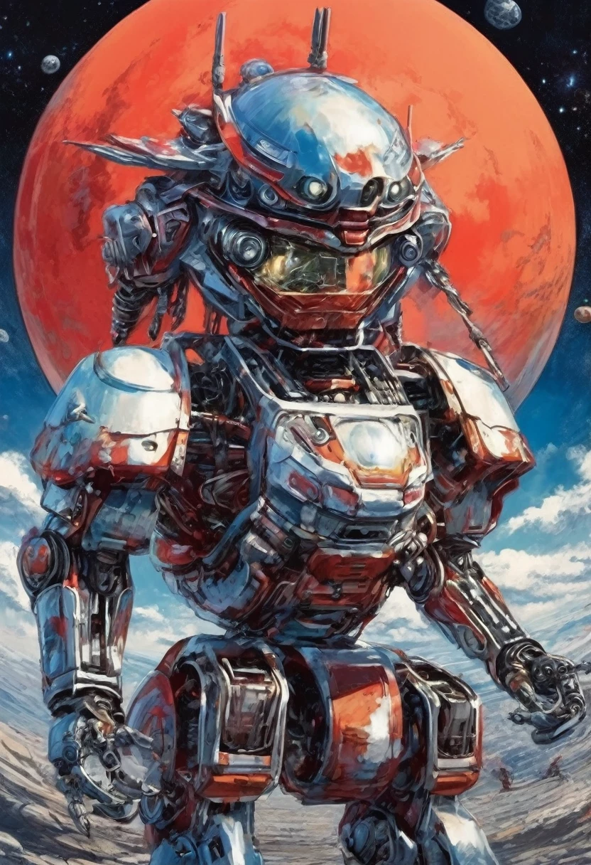 A giant robot (samurai theming, head has helmet styling and a large bubble dome cockpit), lunar surface, stars in back ground, action pose, shooting a rocket fist at viewer connected to mech via chain
