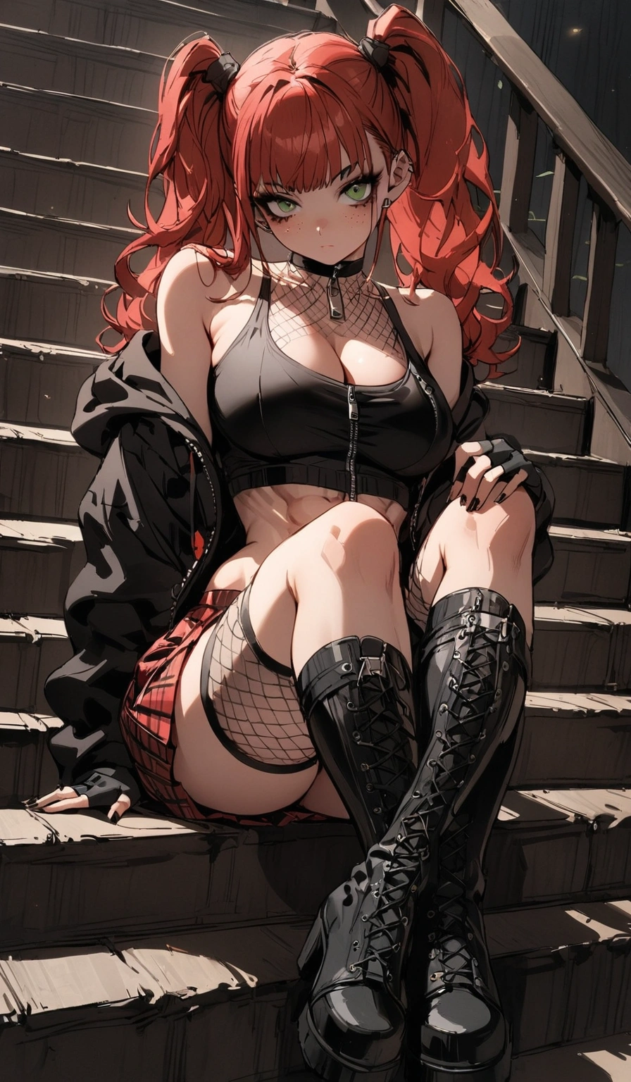 woman, stoic, curly red hair in pig tails, green eyes, black eyeshadow, wearing crop top black shirt, black oversized zip up hoodie, red plaid skirt, black knee high zipper boots, black fingerless gloves, exposed shoulders, large breasts, freckles, abs, cleavage, looking down at viewer, masterpiece, best quality, Holo-Punk Style, sitting on stairs, make up, eyelashes, fish net undershirt, fish net stockings, (full body), legs crossed